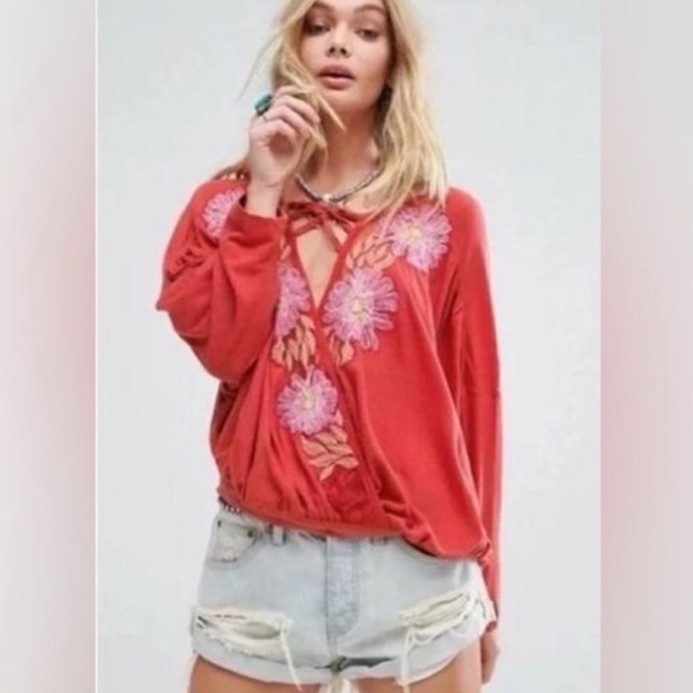 FREE PEOPLE | Gotta Love It Floral Embroidered Crossover Top Women’s Size XS